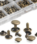 Heavy Hitter Copper Double Cap Leather Rivets Kit With Mixed Sizes And No Sweat Press Tool For Patching Denim Jackets Work Boots Canvas Totes Custom Gear Bronze, assorted copper rivets in various sizes.