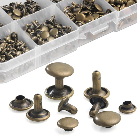 Heavy Hitter Copper Double Cap Leather Rivets Kit With Mixed Sizes And No Sweat Press Tool For Patching Denim Jackets Work Boots Canvas Totes Custom Gear Bronze, assorted copper rivets in various sizes.