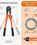Diagram of One Eighth Inch Stainless Steel Cable Kit with Workhorse Wire Rope Crimping Tool, cable spool, and accessories.