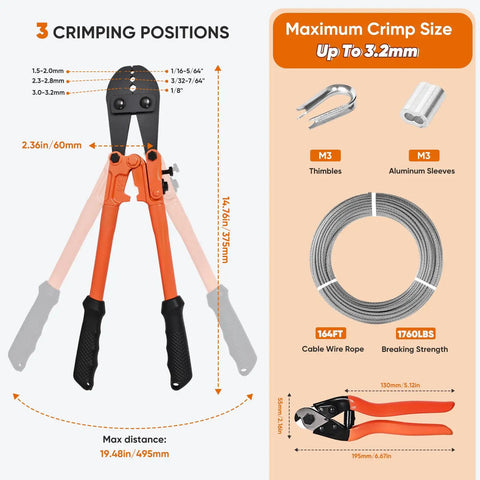 Diagram of One Eighth Inch Stainless Steel Cable Kit with Workhorse Wire Rope Crimping Tool, cable spool, and accessories.