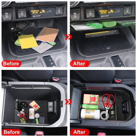 Toyota RAV4 Center Console Organizer Two Pack, Custom Fit Tray And Armrest Storage Divider used to neatly organize items in a 2019 to 2025 model console