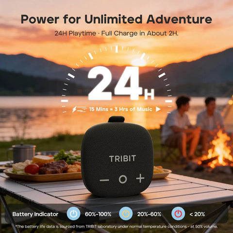 StormBox Micro 3 Portable Bluetooth Speaker With IP68 Waterproofing on table, campfire in background, highlighting 24-hour playtime