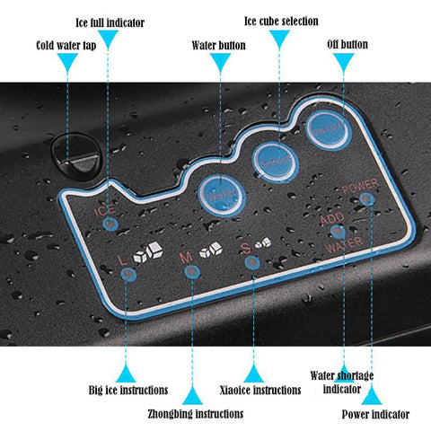 Control panel of Game Changing Countertop Ice Maker That Cools Drinks Fast With Soft Chewy Nugget Ice Portable Slim Design.