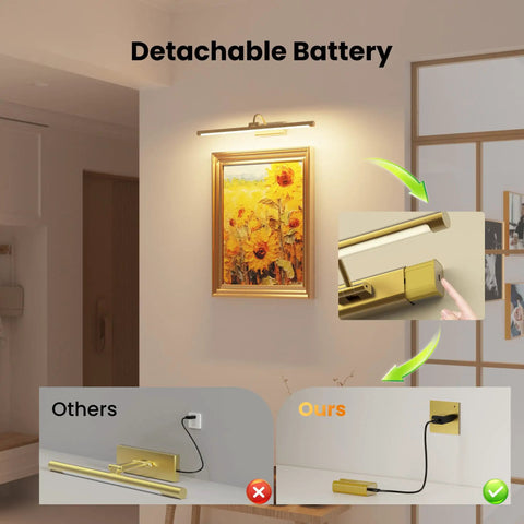 Next Level Wireless Picture Light For Wall With 8000Mah Battery And Remote For Large Portraits Sleek Brass Build showing detachable battery feature.