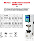 Heavy Duty Digital Rockwell Hardness Tester For Plastic Testing Automatic Electric Power Operation Cuts Out Human Error Dead Legit Accurate No Sweat Setup Premium Lab Gear displaying measurement parameters on screen.