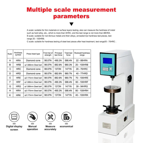 Heavy Duty Digital Rockwell Hardness Tester For Plastic Testing Automatic Electric Power Operation Cuts Out Human Error Dead Legit Accurate No Sweat Setup Premium Lab Gear displaying measurement parameters on screen.