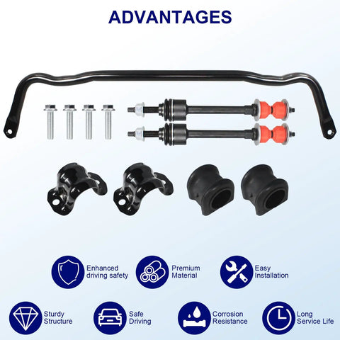 Front Suspension Stabilizer Bar And Sway Bar Link Kit For Dodge Ram 1500 2011 2018 And Ram Classic 2019 2022 4WD Replacing 55398938AC And 55398938AB With K80894 And 5170290 shown with bar, links, bushings, and bolts