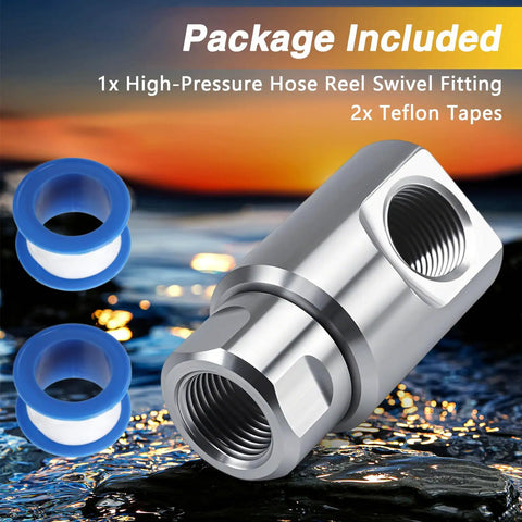 Half Inch Stainless Steel High Pressure Hose Reel Swivel Fitting Joint Heavy Duty With Grease Fitting And Ball Bearing Swivel Mechanism Leak Proof Half Inch NPT Thread Built For Tough Jobs And Real World Use, with 2 Teflon tapes