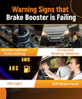 Warning signs of brake booster failure including fluid leaking, increased braking distance, ABS light, and stiff brake pedal.