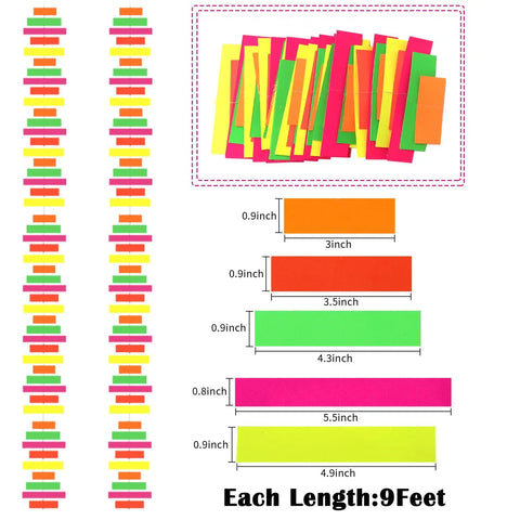 60 Feet UV Neon Streamers Glow Garland Kit For Parties And Events, showing 6 pieces in various lengths, colorful flat view
