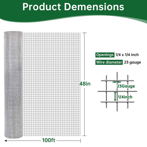 Galvanized Heavy Duty Hardware Cloth Quarter Inch Mesh 48 Inch By 100 Foot 23 Gauge Welded Wire Mesh Roll dimensions