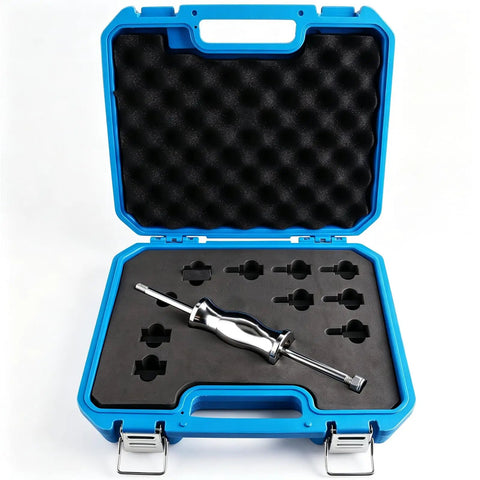Slide Hammer Bearing Puller Kit With Adapters For Blind Hole And Needle Bearings in blue case, tool set view