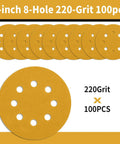 5 Inch 220 Grit Hook And Loop Sanding Discs 8 Hole Dustless Random Orbit Sandpaper, 100 Pack, Woodworking Finishing