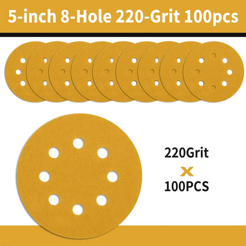 5 Inch 220 Grit Hook And Loop Sanding Discs 8 Hole Dustless Random Orbit Sandpaper, 100 Pack, Woodworking Finishing