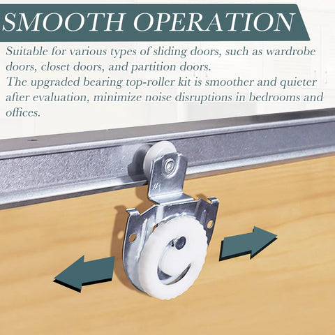 Sliding Wardrobe Door Hardware Set With Four Rollers And Eight Screws For Closet Cabinets, side view of roller installed on track.