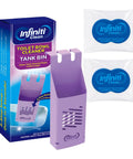 Infiniti Toilet Tank Tablet Holder With Blue Toilet Bowl Tablets, purple rack, blue tablets, packaging visible