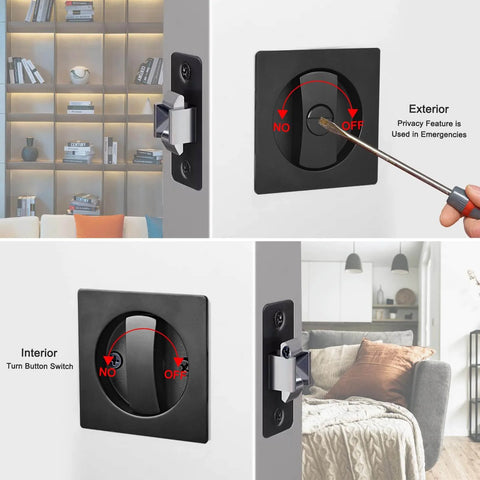 Pocket Door Privacy Lock With Edge Pull Handle For Bedroom And Bathroom Stainless Steel Recessed Matte Black Finish Two Sided Knob Fits 1 3/8 Inch To 2 3/16 Inch Doors Ideal For Hidden Pocket Doors In Moist Environments, showing interior and exterior views with privacy feature.