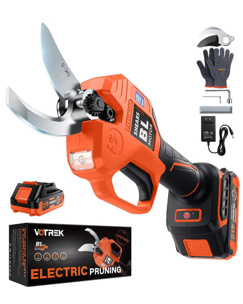Cordless Electric Pruning Shears With Dual Cutting Modes Up To 1.6 Inches, SK5 Steel Blade, orange, with battery and accessories.