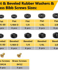 Flat and beveled rubber washers with brass screws from All In One Plumbing Repair Kit With 1075 Pieces And 37 Sizes.