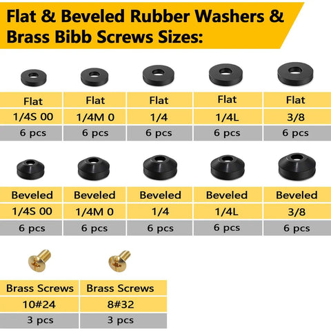 Flat and beveled rubber washers with brass screws from All In One Plumbing Repair Kit With 1075 Pieces And 37 Sizes.