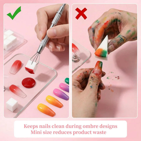 500 Piece Mini Nail Sponges Kit With Pickup Tool And Storage Box shows red ombre nail art demonstration.