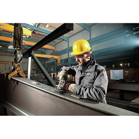 Worker using Beefy Torque 5 Inch Variable Speed Angle Grinder With Electronic Speed Control 2800 To 11000 RPM on metal beam