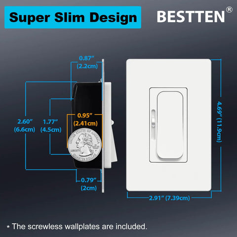 6 Pack Super Slim Digital Dimmer Switch Quiet Rocker For Single Pole Or 3 Way Dimmable Lighting Fits Dimmable LED CFL Incandescent Halogen ETL Listed White with measurements