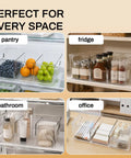 Clear Pantry Organizers And Storage Bins With Quick Adjust Dividers, Super Sturdy Fridge Containers For Kitchen Shelving in various spaces.