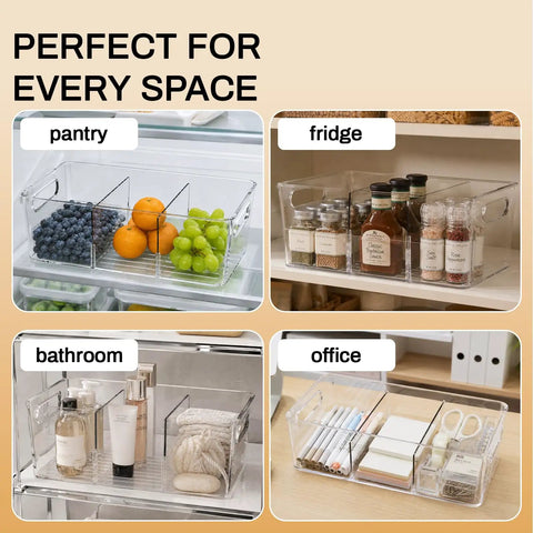 Clear Pantry Organizers And Storage Bins With Quick Adjust Dividers, Super Sturdy Fridge Containers For Kitchen Shelving in various spaces.