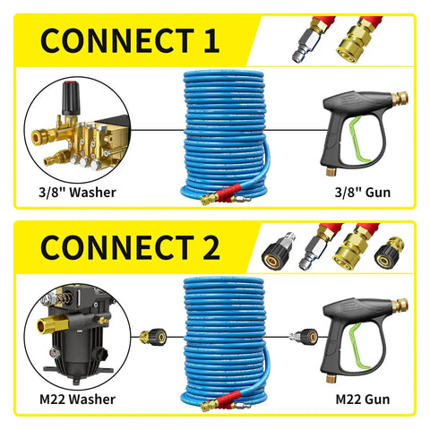 100Ft Pressure Washer Hose Three Eighths Inch 4800 Psi Kink Resistant Industrial Grade Wire Braided For Power Washing, connectors shown.