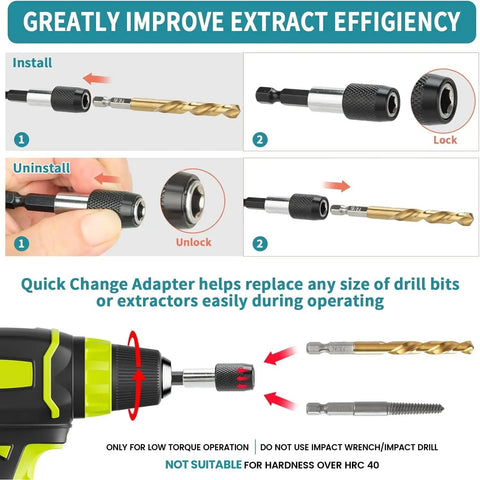 15 Piece Screw Extractor Set With Left Hand Reverse Drill Bits, includes adapter installation instructions