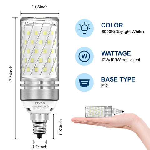 Dimensions and features of Grab Ultra Bright E12 LED Bulbs For Chandeliers And Ceiling Fans, 12W, 6000K Daylight White displayed.