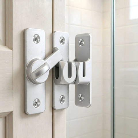 Two Pack Aluminum Barn Door Lock Hasp With Built In Padlock Hole Rust Resistant Gate Latch For Outdoor Sheds And Garages, close-up view.