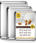 Heavy Duty Baking Sheet Set Of 3 For Home Bakers Commercial Grade Stainless Steel Cookie Sheets In 12, 16, And 17.5 Inch Sizes
