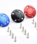 Three CNC aluminum fuel dot fillers with screws for RC planes and boats, showing rugged design and vibrant colors for easy installation.