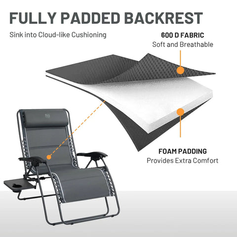 Oversized 33 Inch Wide Zero Gravity Chair With Side Table Full Padded Outdoor Lounge Recliner showing fully padded backrest details