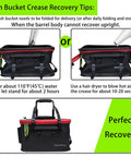Foldable 6 Gallon EVA Fishing Bucket With Breathable Zippered Net Top showing crease recovery tips, including hot water and hair dryer use.