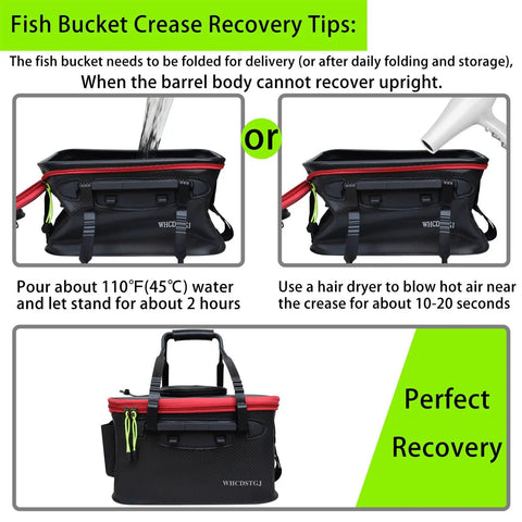 Foldable 6 Gallon EVA Fishing Bucket With Breathable Zippered Net Top showing crease recovery tips, including hot water and hair dryer use.
