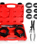 Six Piece Piston Ring Compressor Tool Set with adjustable rings, installer pliers, and carry case for cars, trucks, and motorcycles.