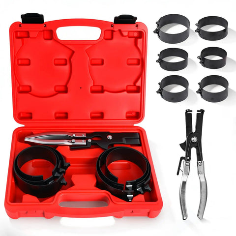 Six Piece Piston Ring Compressor Tool Set with adjustable rings, installer pliers, and carry case for cars, trucks, and motorcycles.