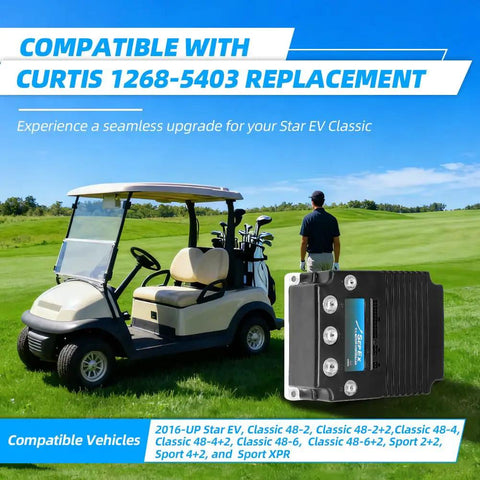 Top Shelf 48Volt 400 Amp Golf Cart Speed Controller Plug And Play Motor Driver Replacement Direct Fit 2016 Plus Star Ev Electric Golf Carts in front of golf cart on grass.