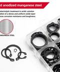 Heavy Duty Snap Ring Kit With 225 Quality Circlips Covering M3 To M25 Sizes Built From Tough Black Alloy Steel showing black circlips.