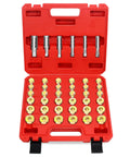 Pro Grade Oil Pan Drain Plug Thread Repair Kit 114 Piece Universal Set with carry case showing assorted pieces in red case.