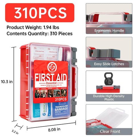 Gevoke 310-piece hard-case first aid kit; red plastic case with clear front.