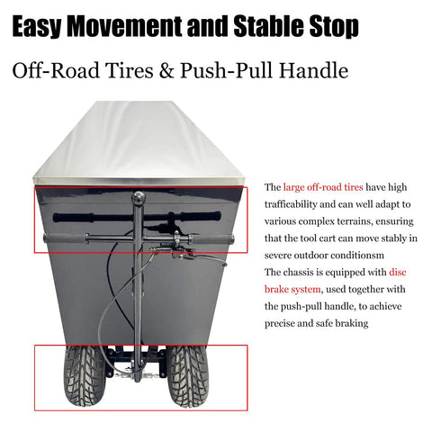 Pro Level Heavy Duty 7 Drawer Cold Rolled Steel Tool Chest With Hella Major Load Capacity And Rugged Powder Coated Finish Mobile Shop Cart showcasing off-road tires and push-pull handle.