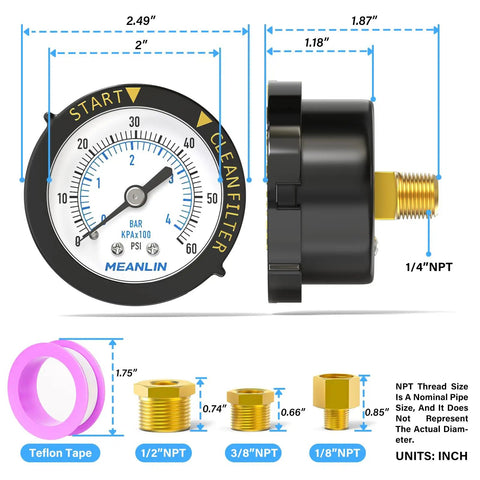 Start And Clean Filter Pressure Gauge For Pool Spa Aquarium 0 To 60 Psi Plastic Frame 1/4 Inch NPT Back Mount Kit Included