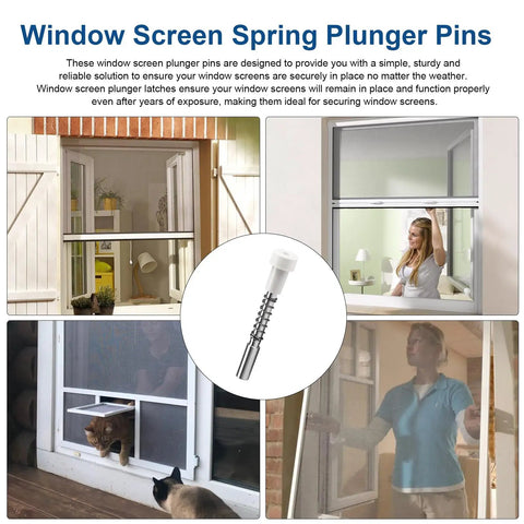 Top Tier Window Screen Plunger Latches With Snappy Aluminum Pins And Heavy Duty Coils For Patio Screens 5/32 Inch By 1 Half Inch Replacement Kit shown in use securing screens.