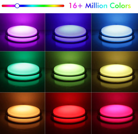 12 Inch LED Smart Flush Mount Ceiling Light With 20W Tunable White 2700K To 6500K RGB Color 16 Million Lit Ambience Voice And App Control With Alexa And Google Home Nickel Satin Finish Easy Ceiling Mount For Living Room Bedroom Or Office displaying multiple RGB colors from purple to pink.
