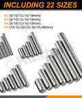 110 Piece Dowel Pin Set In 304 Stainless Steel, 22 Sizes From M2 To M5, Cylindrical Shelf Pins And Rod Fasteners For Mechanical Projects, Manufacturing, And DIY Use; size chart