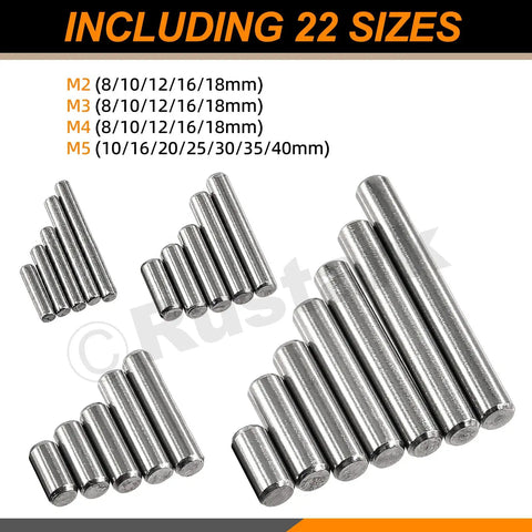 110 Piece Dowel Pin Set In 304 Stainless Steel, 22 Sizes From M2 To M5, Cylindrical Shelf Pins And Rod Fasteners For Mechanical Projects, Manufacturing, And DIY Use; size chart